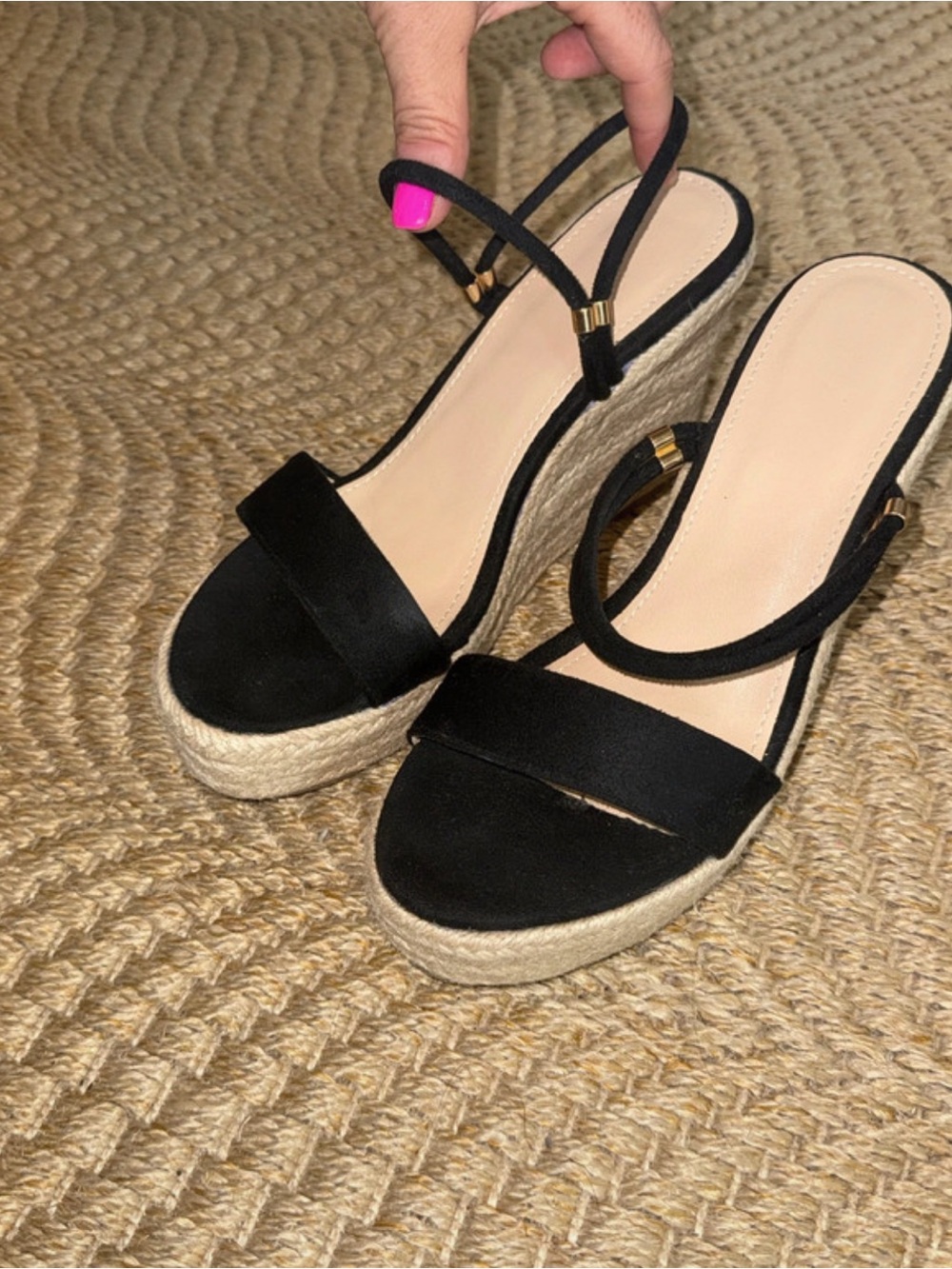 Black Espadrille Wedge Sandal - Women's Strappy 8.5 Adjustable Gold Accent